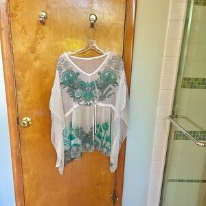 Flowy White and Teal Mesh Long-sleeve Coverup Hippie Vintage Shirt
